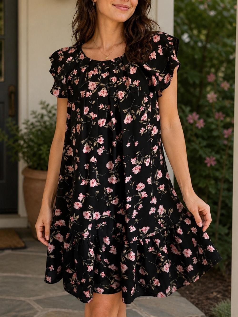 CeCe Black Mini Dress with Pink Floral Print